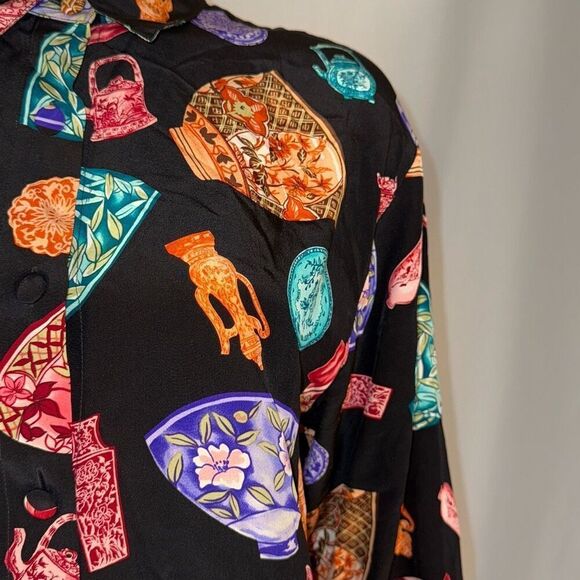 Vintage Diane Von Furstenberg Funky Print 100% Silk Button Down Shirt Small - Picture 2 of 11